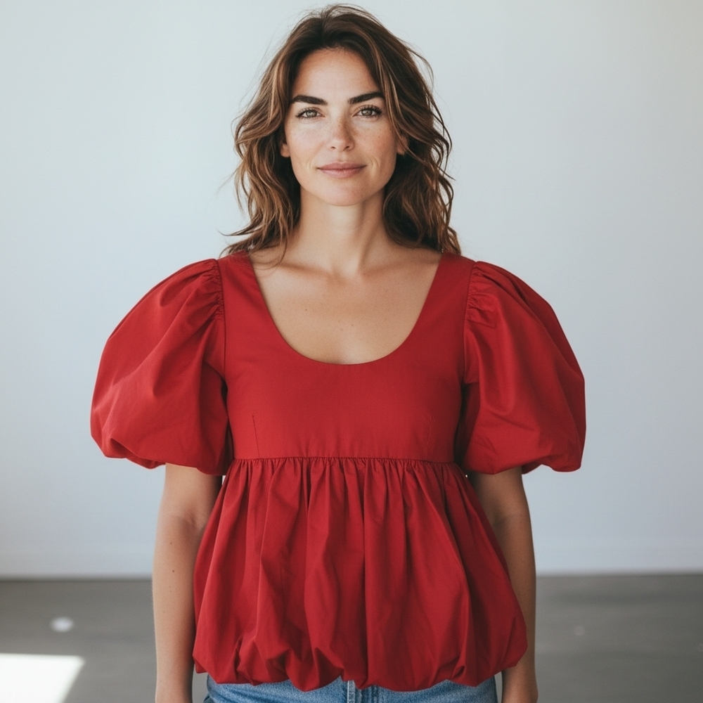 Hyacinth House Peplum Top Red Smocked Puff Sleeve Pouf Voluminous Babydoll Small